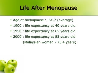 Life After MenopauseLife After Menopause
 Age at menopause : 51.7 (average)
 1900 : life expectancy at 40 years old
 1950 : life expectancy at 65 years old
 2000 : life expectancy at 83 years old
(Malaysian women - 75.4 years)
 