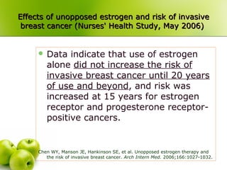Effects of unopposed estrogen and risk of invasiveEffects of unopposed estrogen and risk of invasive
breast cancer (Nurses' Health Study, May 2006)breast cancer (Nurses' Health Study, May 2006)
 Data indicate that use of estrogen
alone did not increase the risk of
invasive breast cancer until 20 years
of use and beyond, and risk was
increased at 15 years for estrogen
receptor and progesterone receptor-
positive cancers.
Chen WY, Manson JE, Hankinson SE, et al. Unopposed estrogen therapy and
the risk of invasive breast cancer. Arch Intern Med. 2006;166:1027-1032.
 