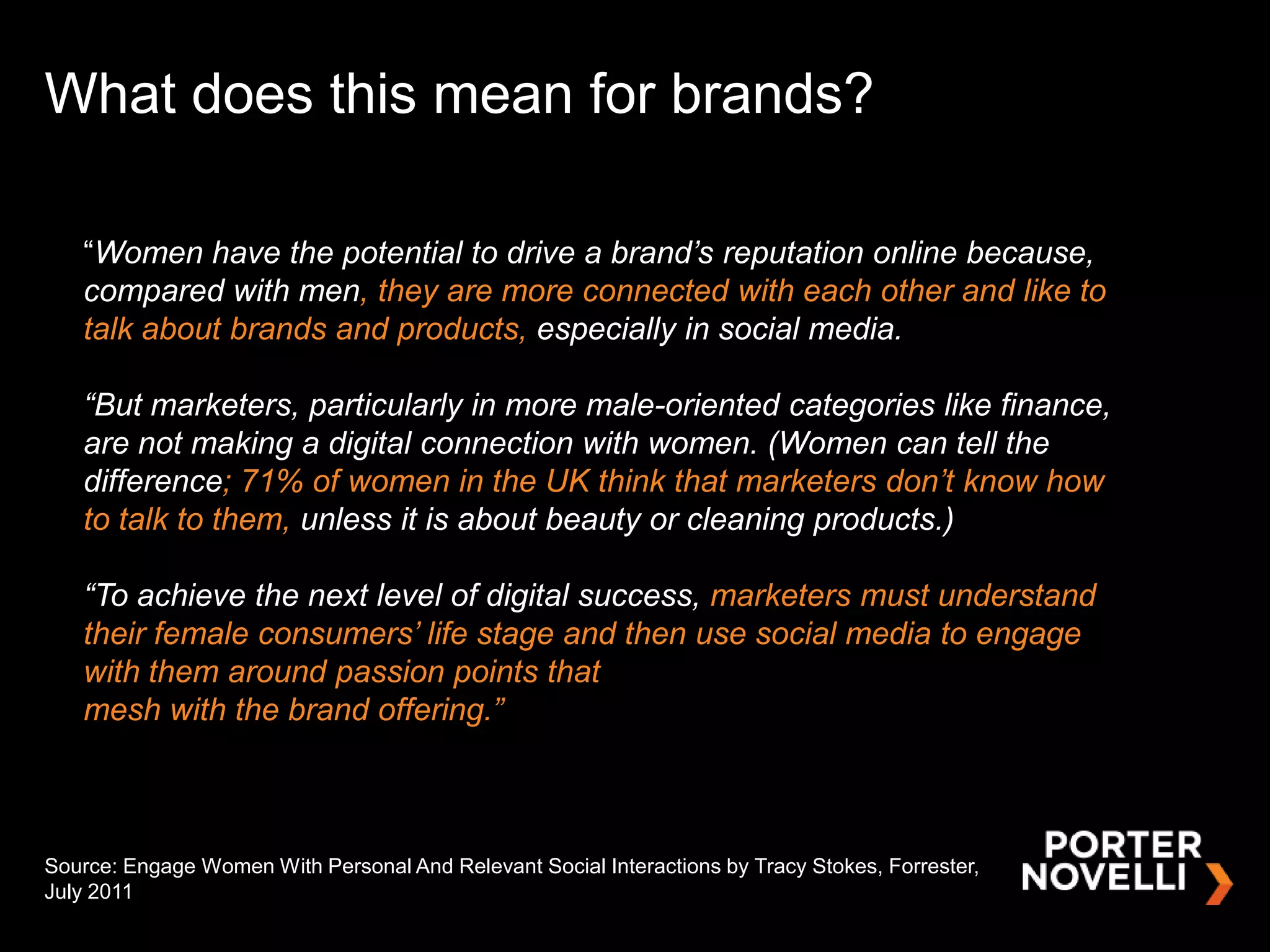 What does this mean for brands?

   “Women have the potential to drive a brand’s reputation online because,
   compared with men, they are more connected with each other and like to
   talk about brands and products, especially in social media.

   “But marketers, particularly in more male-oriented categories like finance,
   are not making a digital connection with women. (Women can tell the
   difference; 71% of women in the UK think that marketers don’t know how
   to talk to them, unless it is about beauty or cleaning products.)

   “To achieve the next level of digital success, marketers must understand
   their female consumers’ life stage and then use social media to engage
   with them around passion points that
   mesh with the brand offering.”



Source: Engage Women With Personal And Relevant Social Interactions by Tracy Stokes, Forrester,
July 2011
 