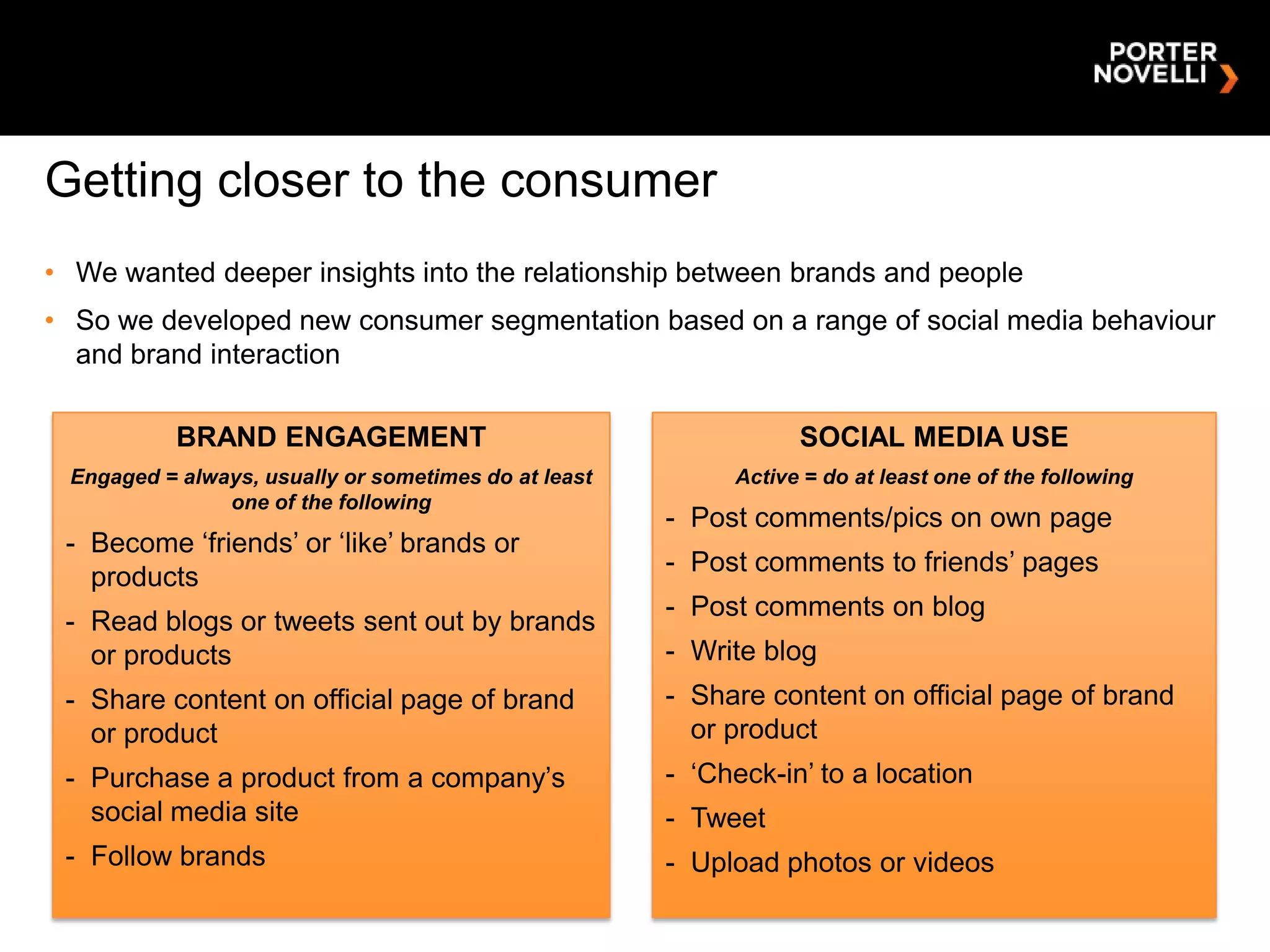 Getting closer to the consumer
• We wanted deeper insights into the relationship between brands and people
• So we developed new consumer segmentation based on a range of social media behaviour
  and brand interaction

           BRAND ENGAGEMENT                                      SOCIAL MEDIA USE
 Engaged = always, usually or sometimes do at least        Active = do at least one of the following
               one of the following
                                                      - Post comments/pics on own page
 - Become „friends‟ or „like‟ brands or
                                                      - Post comments to friends‟ pages
   products
                                                      - Post comments on blog
 - Read blogs or tweets sent out by brands
   or products                                        - Write blog
 - Share content on official page of brand            - Share content on official page of brand
   or product                                           or product
 - Purchase a product from a company‟s                - „Check-in‟ to a location
   social media site                                  - Tweet
 - Follow brands                                      - Upload photos or videos
 