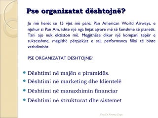 Pse organizatat dështojnë?Pse organizatat dështojnë?
Jo më herët se 15 vjet më parë, Pan American World Airways, e
njohur si Pan Am, ishte një nga linjat ajrore më të famshme të planetit.
Tani ajo nuk ekziston më. Megjithëse dikur një kompani tepër e
suksesshme, megjithë përpjekjet e saj, performanca filloi të binte
vazhdimisht.
PSE ORGANIZATAT DESHTOJNE?
 Dështimi në majën e piramidës.
 Dështimi në marketing dhe klientelë
 Dështimi në manaxhimin financiar
 Dështimi në strukturat dhe sistemet
Doc.Dr.Nevruz Zogu
 