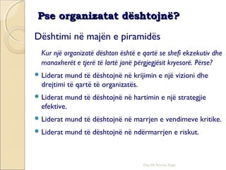 Pse organizatat dështojnë?Pse organizatat dështojnë?
Dështimi në majën e piramidës
Kur një organizatë dështon është e qartë se shefi ekzekutiv dhe
manaxherët e tjerë të lartë janë përgjegjësit kryesorë. Përse?
 Liderat mund të dështojnë në krijimin e një vizioni dhe
drejtimi të qartë të organizatës.
 Liderat mund të dështojnë në hartimin e një strategjie
efektive.
 Liderat mund të dështojnë në marrjen e vendimeve kritike.
 Liderat mund të dështojnë në ndërmarrjen e riskut.
Doc.Dr.Nevruz Zogu
 