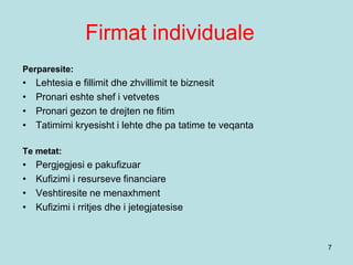 Firmat individuale
7
Perparesite:
• Lehtesia e fillimit dhe zhvillimit te biznesit
• Pronari eshte shef i vetvetes
• Pronari gezon te drejten ne fitim
• Tatimimi kryesisht i lehte dhe pa tatime te veqanta
Te metat:
• Pergjegjesi e pakufizuar
• Kufizimi i resurseve financiare
• Veshtiresite ne menaxhment
• Kufizimi i rritjes dhe i jetegjatesise
 