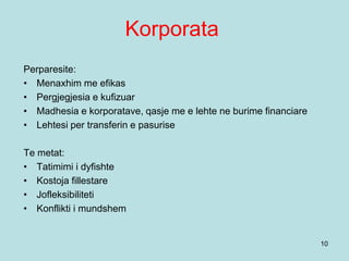 Korporata
10
Perparesite:
• Menaxhim me efikas
• Pergjegjesia e kufizuar
• Madhesia e korporatave, qasje me e lehte ne burime financiare
• Lehtesi per transferin e pasurise
Te metat:
• Tatimimi i dyfishte
• Kostoja fillestare
• Jofleksibiliteti
• Konflikti i mundshem
 