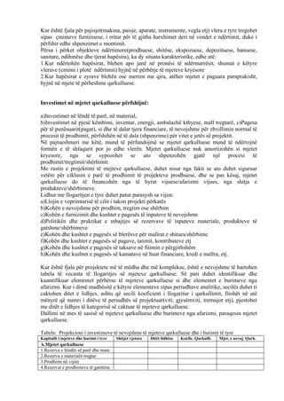 Kur është fjala për pajisjet(makina, paisje, aparate, instrumente, vegla etj) vlera e tyre tregohet
sipas çmimeve furnizuese, i rritur për të gjitha harxhimet deri në vendet e ndërtimit, duke i
përfshir edhe shpenzimet e montimit.
Përsa i përket objekteve ndërtimore(prodhuese, shitëse, ekspozuese, depozituese, banuese,
sanitare, ndihmëse dhe tjerat hapësira), ka dy situata karakteristike, edhe atë:
1.Kur ndërtohën hapësirat, blehen apo janë në pronësi të ndërmarrësit, shumat e këtyre
vlerave (cmimi i plotë ndërtimit) hyjnë në përbërje të mjeteve kryesore
2.Kur hapësirat e zyrave blehën ose merren me qira, atëher mjetet e paguara paraprakisht,
hyjnë në mjete të përheshme qarkulluese.
Investimet në mjetet qarkulluese përfshijnë:
a)Investimet në lëndë të parë, në material,
b)Investimet në pjesë këmbimi, inventar, energji, ambalazhë kthyese, mall tregtarë, c)Pagesa
për të punësuarit(pagat), si dhe të dalat tjera financiare, të nevojshme për zhvillimin normal të
procesit të prodhimit, përfshihën në të dala (shpenzime) për vitet e jetës së projektit.
Në pajtueshmeri me këtë, mund të përfundojmë se mjetet qarkulluese mund të ndërrojnë
formën e të shfaqurit por jo edhe vlerën. Mjetet qarkulluese nuk amortizohën si mjetet
kryesore, nga se sypozohet se ato shpenzohën gjatë një procesi të
prodhimit/tregtimit/shërbimit.
Me rastin e projektimi të mejteve qarkulluese, duhet nisur nga fakti se ato duhet siguruar
vetëm për ciklusin e parë të prodhimit të projekteve prodhuese, dhe se pas kësaj, mjetet
qarkulluese do të financohën nga të hyrat vijuese/afarizmi vijues, nga shitja e
produkteve/shërbimeve.
Lidhur me llogaritjen e tyre duhet patur parasysh sa vijon:
a)Llojin e veprimtarisë të cilit i takon projekti përkatës
b)Kohën e nevojshme për prodhim, tregtim ose shërbim
c)Kohën e furnizimit dhe kushtet e pagesës të inputeve të nevojshme
d)Politikën dhe praktikat e mbajtjes së rezervave të inputeve materiale, produkteve të
gatshme/shërbimeve
e)Kohën dhe kushtet e pagesës së blerësve për mallrat e shitura/shërbime
f)Kohën dhe kushtet e pagesës së pagave, tatimit, kontributeve etj
g)Kohën dhe kushtet e pagesës së taksave në fitimin e përgjithshëm
h)Kohën dhe kushtet e pagesës së kamatave në huat financiare, kredi e mallra, etj.
Kur është fjala për projektete më të mëdha dhe më komplekse, është e nevojshme të hartohen
tabela të vecanta të llogaritjes së mjeteve qarkulluese. Së pari duhet identifikuar dhe
kuantifikuar elementet përbërse të mjeteve qarkulluese si dhe elementet e burimeve nga
afarizmi. Kur i dimë madhësitë e këtyre elementeve sipas periudhave analitike, secilës duhet ti
caktohen ditet e lidhjes, ashtu që secili koeficient i llogaritur i qarkullimit, fitohët në atë
mënyrë që numri i ditëve të periudhës së projektuar(viti, gjysëmviti, tremujor etj), pjestohet
me ditët e lidhjes të kategorisë së caktuar të mjeteve qarkulluese.
Dallimi në mes të sasisë së mjeteve qarkulluese dhe burimeve nga afarizmi, paraqesin mjetet
qarkulluese.
Tabela: Projekcioni i investimeve të nevojshme të mjeteve qarkulluese dhe i burimit të tyre
Kapitulli i mjeteve dhe burimi i tyre Shitjet vjetore Ditët lidhëse Koefic. Qarkulli. Mjet. e nevoj. Qark.
A.Mjetet qarkulluese
1.Rezerva e lëndës së parë dhe mate.
2.Rezerva e materialit tregtar
3.Prodhimi në vijim
4.Rezervat e prodhimeve të gatshme
37
 