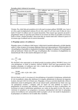 Periudha (afati) i kthimit të investimit
Vitet e
projektit
Investimet në projekt
Të ardhurat neto të ecurisë
ekonomike
Investimet e
pambuluara
Shuma vjetore Totali Shuma vjetore Totali
0 100.000 100.000 000 000 100.000
1 100.000 20.000 20.000 - 80.000
2 100.000 25.000 45.000 - 55.000
3 100.000 30.000 75.000 - 25.000
4 100.000 35.000 110.000 + 10.000
Vërejtje: Pra, është fjala për projektin në të cilin janë investuar gjithsej 100.000€, me ç’rast ai
në vitin e parë të eksploatimit realizon 20, në vitin e dytë 25, në vitin e tretë 30 dhe në vitin e
katërt 35 mijë € të ardhura neto të ecurisë ekonomike. Nëse nisemi nga supozimi që paratë e
përgjithshme duhet të sigurohen para fillimit të investimit (në fillim të periudhës investuese),
kohës së fituar i shtohet periudha e aktivizimit dhe ajo shumë është afati i kthimit të parave të
investuara nga të ardhurat neto të ecurisë ekonomike.
2. Përqindja vjetore e të ardhurave
Përqindja vjetore e të ardhurave është tregues i efektivitetit të projektit ndërmarrës, që është shprehje
relative e rritjes së parave të investuara nëpërmjet fitimit neto (nga projeksioni i fitimit-humbjes) në
vitin përfaqësues të periudhës së eksploatimit të projektit. Përqindja e të ardhurave (PA) përllogaritet
ashtu që koeficienti i fitimit neto (FN) nga viti përfaqësues dhe i investimeve të përgjithshme (lo)
shumëzohet për 100, të cilën mund ta shkruajmë si në vijim:
100
0
×=
L
FN
PA
Për shembull, nëse supozojmë se në ndonjë projekt investohen gjithsej 100.000 €, kurse ai në
vitin përfaqësues, ta zëmë, të katërtin, realizon 20.000 € fitim neto (nga projeksioni fitim-
humbje), përqindja e të ardhurave për vitin e katërt dhe për vitet përfaqësuese në vijim të
eksploatimit të tij do të jetë 20%, sepse:
%2010020,0100
000.100
000.20
=×=×=PA
Që do të thotë se çdo € e investuar në vitin përfaqësues të projektit të eksploatuar, përkatësisht
të vitit të prodhimit, shitjes dhe shërbimeve të rregulla, përkatësisht të afarizmit me kapacitet
të plotë, rritet për 0.20 € të të fitimit neto. Përqindja e të hyrave (në këtë shkallë dhe vëllim të
elaborimit) mund të përllogaritet edhe në një mënyrë tjetër, përkatësisht kur fitimi neto nga
viti përfaqësues (model) i vëzhguar vihet në raport me disa përbërës të mjeteve të
përgjithshme të investuara (për shembull, vetëm me investimet në mjete të përhershme, me
investimet në mjete të përhershme qarkulluese ose vetëm në disa pjesë të tyre). Me rastin e
vlerësimit të projekteve ose programeve investuese (ndërmarrëse) mbi bazë të përqindjes
vjetore të të ardhurave më i pranueshëm është ai projekt i cili në vitet model të eksploatimit e
ka përqindjen e të ardhurave më të madhe dhe e kundërta.
63
 