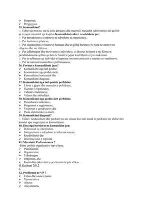Perparimi,
Pergjegjsia.
35. Komunikimi?
o Eshte nje process me te cilin derguesi dhe marresi i mesazhit nderveprojn me qellim
qe ti japin mesazhit nje kuptim.Komunikimi eshte i rendsishem per:
o Per percaktimin e synimeve te ndryshme te organizates ,
o Per hartimin e planeve,
o Per organizimin e resurseve humane dhe te gjitha burimeve te tjera ne menyr me
efiqente dhe me efektive,
o Per udheheqjen dhe motivimin e individeve, si dhe per krijimin e nje klime te
pershtatshmeme qellim qe keta te fundit te japin kontributin e tyre maksimal.
o Per te ndihmuar qe individet te kuptojne me mire procesin e marrjes se vendimeve,
o Per ta realizuar kontrollin e performances.
36. Format e komunikimit jane?
Komunikimi nga lart-poshte,
Komunikimi nga poshte-larte,
Komunikimi horizontal dhe
Komunikimi diagonal.
37. Komunikimi nga lart-poshte perfshine:
Librat e gjepit dhe manualet e politikave,
Gazetat e organizates,
Tabelat e buletineve,
Videot dhe mbledhjet.
38. Komunikimi nga poshte-lart perfshine:
Procedurat e ankesave,
Programet e sugjerimeve,
Vrojtimet e qendrimeve dhe
Posta elektronike (e-mail).
39. Komunikimi diagonal?
o Eshte i rendesishem dhe perdoret ne ato situate kur nuk mund te perdoren me efektivitet
kanalet apo rruget tjera te komunikimit.
40. Disa nga barrierat ne komunikim jan:
Diferencat ne interpretim,
Interpretimet e ndryshme te informacioneve,
Kredibilitetit dhe
Informacionet e tepresta.
41. Vlersimi i Performances ?
-Eshte qeshtje organizative sepse bene:
Planifikimin
Organizimin
Udheheqjen
Drejtimin, dhe
Kontrollin eaktivitetev qe vlersimi te jete efikas .
H.Gashani 2012
6
42. Problemet ne VP ?
Cilsia dhe sasia e punes
Vetiniciativa
Aftesia
Arsyshmeria
 