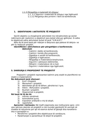 1.1.3 Përgaditja e materialit të shtypur
1.1. 3.1 Sigurimi i materialit të shtypur nga ligjëruesit
1.1.3.2 Përgatitja dhe printimi i librit të konferencës
1. IDENTIFIKIMI I AKTIVITETE TË PROJEKTIT
Secilit objektiv ia shoqërojmë aktivitetet me nënaktivitete qe duhet
ndërmarre për realizimin e objektivit (pra duhet shkruar gjithçka). Si edhe
te objektivat edhe aktivitetet duhet të jenë “S.M.A.R.T.”
Këto do të jenë bazë për ndarjen e detyrave apo pakove të detyra- ve
për tu realizuar projekti.
Identifikimi i aktiviteteve për përgatitjen e konferencës
Aktiviteti
- Caktimi i datës së konferencës.
- Caktimi i temës dhe programit.
- Zgjedhja e vendit të konferencës.
- Zgjedhja e ligjëruesve..
- Përgaditja e materialeve-broshurave.
- Sigurimi i adresave elektronike.
- Dërgimi i materialeve në e-mail.
- Sigurimi i materialeve nga ligjëruesit.
5. SHKRURJA E PROPOZIMIT TE PROJEKTIT
Propozimi i projektit reprezanton kalimin prej stadit te planifikimit ne
stadin e implemetimit
Ne dokument janë shenuar:
1) Emri i Projektit
2) Menaxheri i projektit.
3) Aktivitetet që do të bëhen, përshkrirai i tyre.
4) Fillimi - Përfundimi i projektit.
5) Buxheti i projektit.
6) Shpenzimet e projektit.
Në bazë të tij do të:
1) merren vendimet.
2) kontrollohet puna.
3) trajnohen anëtarët e rinj të ekipit.
4) raportohet.
Aprovimi i kërkesës: Në mjaft organizata ose instituçione apro- vimi
vjen përmes skemës së projektit e cila mundet gjerësisht të varirojë në
modele të ndryshme por që në esence duhet të gëzojë disa karakteris-
tika si paraqitjen e:
• Përshkrimi i projektit dhe objektivave të vendosura.
• Pjesëmanjen e parashikuar të ekipit të projektit.
 