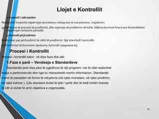 Llojet e Kontrollit
2.Kontrolli i ndërmjetëm
Realizohet kryesisht nëpërmjet aktiviteteve mbikqyrëse të manaxherëve. inspektimi
gjatë fazave të procesit të prodhimit, dhe nxjerrjes së problemit në kohë. Ndërsa burimet financiare Kontrollohen
nëpërmjet revizionit periodik.
3.Kontrolli përfundimtar
Realizohet pas përfundimit të ciklit të prodhimit. Një shembull i kontrollit
përfundimtar të burimeve njerëzore, kontrolli i pagesave etj.
Procesi i Kontrollit
Procesi i kontrollit kalon në disa faza dhe atë:
1.Faza e parë – Vendosja e Standardeve
Standardet janë disa pika të zgjedhura të një programi, me të cilat realizohet
matja e performancës dhe nga ku menaxherët marrin informacion. Standardet
mund të paraqiten në forma të ndryshme (në njësi monetare, në njësi prodhimi,
në njësi kohore ). Çdo standard duhet të jetë i qartë dhe të ketë kohën brenda
të cilit ai duhet të arrin objektiva e organizatës.
10
 