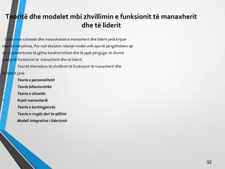 Teoritë dhe modelet mbi zhvillimin e funksionit të manaxherit
dhe të liderit
Lidhur me sukseset dhe mossukseset e manaxherit dhe liderit janë krijuar
teori të ndryshme, Por nuk ekziston ndonjë model unik apo të përgjithshëm që
do t’i prezentonte të gjitha karakteristikat dhe të japë përgjigje në shumë
pyetje të funksionit të manaxherit dhe të liderit.
Teoritë themelore të zhvillimit të funksionit të manaxherit dhe
të liderit janë:
• Teoria e personalitetit
• Teoria bihevioristike
• Teoria e situatës
• Rrjeti manaxherik
• Teoria e kontingjencës
• Teoria e rrugës deri te qëllimi
• Modeli integrative i liderizmit
3232
 