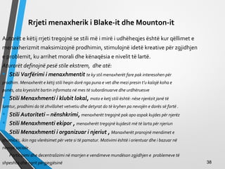 Rrjeti menaxherik i Blake-it dhe Mounton-it
Autorët e këtij rrjeti tregojnë se stili më i mirë i udhëheqjes është kur qëllimet e
menaxherizmit maksimizojnë prodhimin, stimulojnë idetë kreative për zgjidhjen
e problemit, ku arrihet morali dhe kënaqësia e nivelit të lartë.
Aturorët definojnë pesë stile ekstrem, dhe atë:
• Stili Varfërimi i menaxhmentit te ky stil menaxherët fare pak interesohen për
prodhim. Menaxherët e këtij stili heqin dorë nga puna e vet dhe mezi presin t’u kalojë koha e
punës, ata kryesisht bartin informata në mes të subordinuarve dhe urdhëruesve
• Stili Menaxhmenti i klubit lokal, moto e ketj stili është: nëse njerëzit janë të
lumtur, prodhimi do të zhvillohet vetvetiu dhe detyrat do të kryhen pa nevojën e dorës së fortë .
• Stili Autoriteti – nënshkrimi, menaxherët tregojnë pak apo aspak kujdes për njerëz
• Stili Menaxhmenti ekipor , menaxherët tregojnë kujdesit më të larta për njeriun
• Stili Menaxhmenti i organizuar i njeriut , Manaxherët pranojnë mendimet e
shumicës, ikin nga vlerësimet për vete si të pamatur. Motivimi është i orientuar dhe i bazuar në
nevoja sociale .
Participimi dhe decentralizimi në marrjen e vendimeve mundëson zgjidhjen e problemeve të
shpeshta dhe ngrit përgjegjësinë 3838
 