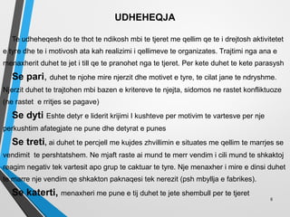 UDHEHEQJA
Te udheheqesh do te thot te ndikosh mbi te tjeret me qellim qe te i drejtosh aktivitetet
e tyre dhe te i motivosh ata kah realizimi i qellimeve te organizates. Trajtimi nga ana e
menaxherit duhet te jet i till qe te pranohet nga te tjeret. Per kete duhet te kete parasysh
Se pari, duhet te njohe mire njerzit dhe motivet e tyre, te cilat jane te ndryshme.
Njerzit duhet te trajtohen mbi bazen e kritereve te njejta, sidomos ne rastet konfliktuoze
(ne rastet e rritjes se pagave)
Se dyti Eshte detyr e liderit krijimi I kushteve per motivim te vartesve per nje
perkushtim afategjate ne pune dhe detyrat e punes
Se treti, ai duhet te percjell me kujdes zhvillimin e situates me qellim te marrjes se
vendimit te pershtatshem. Ne mjaft raste ai mund te merr vendim i cili mund te shkaktoj
reagim negativ tek vartesit apo grup te caktuar te tyre. Nje menaxher i mire e dinsi duhet
te marre nje vendim qe shkakton paknaqesi tek nerezit (psh mbyllja e fabrikes).
Se katerti, menaxheri me pune e tij duhet te jete shembull per te tjeret
6
 