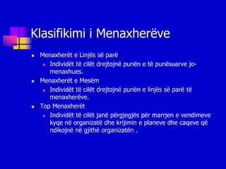Klasifikimi i Menaxherëve
   Menaxherët e Linjës së parë
      Individët të cilët drejtojnë punën e të punësuarve jo-

       menaxhues.
   Menaxherët e Mesëm
      Individët të cilët drejtojnë punën e linjës së parë të

       menaxherëve.
   Top Menaxherët
      Individët të cilët janë përgjegjës për marrjen e vendimeve

       kyqe në organizatë dhe krijimin e planeve dhe caqeve që
       ndikojnë në gjithë organizatën .
 