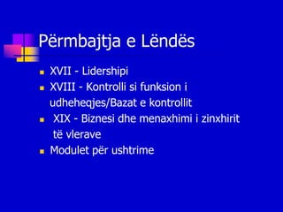 Përmbajtja e Lëndës
   XVII - Lidershipi
   XVIII - Kontrolli si funksion i
    udheheqjes/Bazat e kontrollit
    XIX - Biznesi dhe menaxhimi i zinxhirit
     të vlerave
   Modulet për ushtrime
 