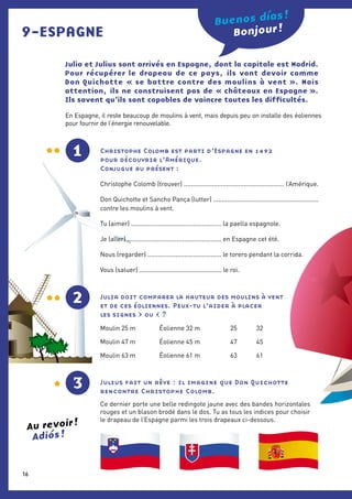 9-ESPAGNE
Buenos dias !
Julia et Julius sont arrivés en Espagne, dont la capitale est ­Madrid.
Pour récupérer le drapeau de ce pays, ils vont devoir comme
Don ­Quichotte « se battre contre des moulins à vent ». Mais
attention, ils ne construisent pas de « châteaux en Espagne ».
Ils savent qu’ils sont capables de vaincre toutes les difficultés.
En Espagne, il reste beaucoup de moulins à vent, mais depuis peu on installe des éoliennes
pour fournir de l’énergie renouvelable.
Christophe Colomb est parti d’Espagne en 1492
pour découvrir l’Amérique.
Conjugue au présent :
Christophe Colomb (trouver) ......................................................... l’Amérique.
Don Quichotte et Sancho Pança (lutter) ............................................................
contre les moulins à vent.
Tu (aimer) ................................................... la paella espagnole.
Je (aller) ..................................................... en Espagne cet été.
Nous (regarder) .......................................... le torero pendant la corrida.
Vous (saluer) ............................................... le roi.
1
2
Julius fait un rêve : il imagine que Don Quichotte
rencontre Christophe Colomb.
Ce dernier porte une belle redingote ­jaune avec des bandes horizontales
rouges et un blason brodé dans le dos. Tu as tous les indices pour choisir
le ­drapeau de l’Espagne parmi les trois drapeaux ci-dessous.
Julia doit comparer la hauteur des moulins à vent
et de ces éoliennes. Peux-tu l’aider à placer
les signes  ou  ?
Moulin 25 m	 Éolienne 32 m	 25	 32
Moulin 47 m	 Éolienne 45 m	 47	 45
Moulin 63 m	 Éolienne 61 m	 63	 61
3
Bonjour !
Buenos días !
Au revoir !
Adiós !
16
 