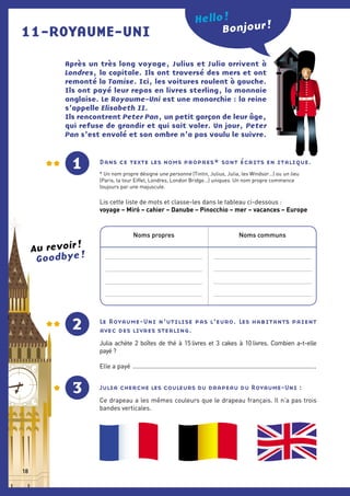 Bonjour !
11-ROYAUME-UNI
Hello !
Après un très long voyage, Julius et Julia arrivent à
Londres, la ­capitale. Ils ont traversé des mers et ont
remonté la Tamise. Ici, les voitures roulent à gauche.
Ils ont payé leur ­repas en livres sterling, la monnaie
anglaise. Le Royaume-Uni est une ­monarchie : la reine
s’appelle Elisabeth II.
Ils rencontrent Peter Pan, un petit garçon de leur âge,
qui refuse de grandir et qui sait voler. Un jour, Peter
Pan s’est envolé et son ­ombre n’a pas voulu le suivre.
1 Dans ce texte les noms propres* sont écrits en italique.
* Un nom propre désigne une personne (Tintin, Julius, Julia, les Windsor…) ou un lieu
(Paris, la tour Eiffel, Londres, London Bridge…) uniques. Un nom ­propre commence
toujours par une majuscule.
Lis cette liste de mots et classe-les dans le tableau ci-dessous :
voyage – Miró – cahier – Danube – Pinocchio – mer – vacances – Europe
2 Le Royaume-Uni n’utilise pas l’euro. Les habitants paient
avec des livres ­sterling.
Julia achète 2 boîtes de thé à 15 livres et 3 cakes à 10 livres. Combien a-t-elle
payé ?
Elle a payé ..........................................................................................................
Julia cherche les couleurs du drapeau du Royaume-Uni :
Ce drapeau a les mêmes couleurs que le drapeau français. Il n’a pas trois
bandes verticales.
3
Noms propres Noms communs
Au revoir !
Goodbye !
18
 