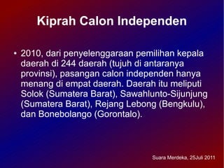 Kiprah Calon Independen

●   2010, dari penyelenggaraan pemilihan kepala
    daerah di 244 daerah (tujuh di antaranya
    provinsi), pasangan calon independen hanya
    menang di empat daerah. Daerah itu meliputi
    Solok (Sumatera Barat), Sawahlunto-Sijunjung
    (Sumatera Barat), Rejang Lebong (Bengkulu),
    dan Bonebolango (Gorontalo).



                                  Suara Merdeka, 25Juli 2011
 