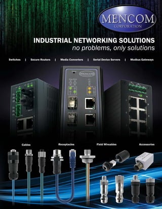 INDUSTRIAL NETWORKING SOLUTIONS
no problems, only solutions
Switches | Secure Routers | Media Converters | Serial Device Servers | Modbus Gateways
Cables Receptacles Field Wireables Accessories
 