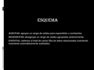 esquema

Agrupar: agrupar un rango de celdas para expandirlas o contraerlas.
Desagrupar: desagrupa un rango de celdas agrupadas anteriormente.
Subtotal: obtienes el total de varias filas de datos relacionadas insertando
insertando automáticamente subtotales.
 