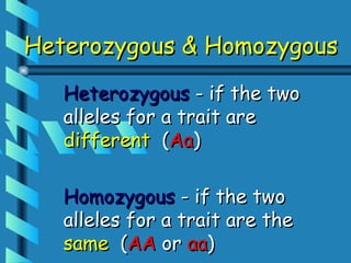 Heterozygous & Homozygous
   Heterozygous - if the two
   alleles for a trait are
   different (Aa)

   Homozygous - if the two
   alleles for a trait are the
   same (AA or aa)
 
