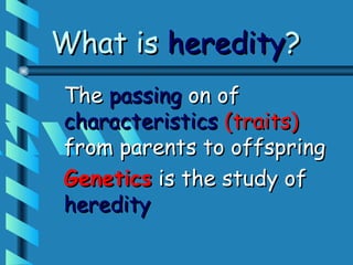 What is heredity?
The passing on of
characteristics (traits)
from parents to offspring
Genetics is the study of
heredity
 
