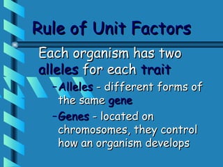 Rule of Unit Factors
Each organism has two
alleles for each trait
  – Alleles - different forms of
    the same gene
  – Genes - located on
    chromosomes, they control
    how an organism develops
 