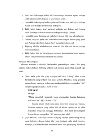 10
b. Asal serta hukumnya sudah ada ketentuannya menurut agama artinya
sudah ada menurut ketegasan al-Qur‟an dan hadits.
c. Hendaklah hukum yang berlaku pada asal berlaku pula pada qiyas, artinya
hukum asal itu dapat diberlakukan pada qiyas.
d. Tidak boleh hukum furu’ (cabang) terdahulu dari hukum asal, karena
untuk menetapkan hukum berdasarkan kepada illatnya (sebab).
e. Hendaklah sama illat yang ada pada furu’ dengan illat yang ada pada asal.
f. Hukum yang ada pada furu’ hendaklah sama dengan hukum yang pada
asal. Artinya tidak boleh hukum furu‟ menyalahi hukum asal.
g. Tiap-tiap ada illat ada hukum dan tidak ada illat tidak ada hukum, artinya
illat itu selalu ada.
h. Tidak boleh illat itu bertentangan menurut ketentuan-ketentuan agama,
artinya tidak boleh menyalahi kitab dan sunnah.
4.Macam-Macam Qiyas
Menurut Wahbah Az-Zuhaili, berdasarkan perbandingan antara illat yang
terdapat pada Ashal dan illat yang terdapat pada cabang, qiyas dibagi menjadi tiga
yaitu :
a. Qiyas Awla, yaitu illat yang terdapat pada far'u (cabang) lebih utama
daripada illat yang terdapat pada ashal (pokok). Misalnya, meng qiyaskan
tentang haram memukul kedua orang tua kepada hukum mengatakan “Ah”
yang terdapat pada ayat 23 Surat Al-isra' :
ََ
‫ل‬َ‫ف‬ َْ‫ل‬ً‫ق‬َ‫ت‬ ‫ا‬َ‫م‬ُ‫ه‬َّ‫ل‬ َ
‫اف‬
Artinya :
“Maka sekali-kali janganlah kamu mengatakan kepada keduanya
perkataan “ah”. (Q.S. Al-isra’ : 23).”
Karena alasan (illat) sama-sama menyakiti orang tua. Namun,
tindakan memukul yang dalam hal ini adalah cabang (far’u) lebih
menyakiti orang tua sehingga hukumnya lebih berat dibandingkan
dengan haram mengatakan “ah” yang ada pada ashal.
b. Qiyas Musawi, yaitu qiyas dimana illat yang terdapat pada cabang (far’u)
sama bobotnya dengan bobot illat yang terdapat pada ashal (pokok).
Misalnya, illat hukum haram membakar harta anak yatim yang dalam hal
 