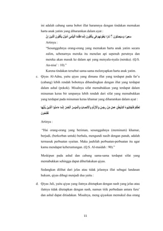 11
ini adalah cabang sama bobot illat haramnya dengan tindakan memakan
harta anak yatim yang diharamkan dalam ayat :
ََّ‫ن‬ِ‫إ‬ ََ‫ِين‬‫ذ‬َّ‫ل‬‫ٱ‬ ََ‫ون‬ُ‫ل‬ُ‫ك‬ْ‫أ‬َ‫ي‬ َ
َ‫ل‬َ‫و‬ْ‫م‬َ‫أ‬ َ
‫ى‬َ‫م‬َ‫ت‬َ‫ي‬ْ‫ل‬‫ٱ‬ ‫ا‬ً‫م‬ْ‫ل‬ُ‫ظ‬ ‫ا‬َ‫م‬َّ‫ن‬ِ‫إ‬ ََ‫ون‬ُ‫ل‬ُ‫ك‬ْ‫أ‬َ‫ي‬ ‫ى‬ِ‫ف‬ َْ‫م‬ِ‫ه‬ِ‫ن‬‫و‬ُ‫ط‬ُ‫ب‬ ‫ا‬ً‫ار‬َ‫ن‬ َ
ۚ ََ‫ن‬ ْ‫و‬َ‫ل‬ْ‫ص‬َ‫ي‬َ‫س‬ َ‫و‬ ‫ا‬ً‫ير‬ِ‫ع‬َ‫س‬
Artinya :
“Sesungguhnya orang-orang yang memakan harta anak yatim secara
zalim, sebenarnya mereka itu menelan api sepenuh perutnya dan
mereka akan masuk ke dalam api yang menyala-nyala (neraka). (Q.S.
An-nisa’ : 10).”
Karena tindakan tersebut sama-sama melenyapkan harta anak yatim.
c. Qiyas Al-Adna, yaitu qiyas yang dimana illat yang terdapat pada far’u
(cabang) lebih rendah bobotnya dibandingkan dengan illat yang terdapat
dalam ashal (pokok). Misalnya sifat memabukkan yang terdapat dalam
minuman keras bir umpanya lebih rendah dari sifat yang memabukkan
yang terdapat pada minuman keras khamar yang diharamkan dalam ayat :
‫َا‬‫ه‬ُّ‫ي‬َ‫أ‬ََٰٓ‫ي‬ ََ‫ِين‬‫ذ‬َّ‫ل‬‫ٱ‬ َ
‫ا‬ َٰٓ‫و‬ُ‫ن‬َ‫م‬‫ا‬َ‫ء‬ ‫ا‬َ‫م‬َّ‫ن‬ِ‫إ‬ َُ‫ر‬ْ‫م‬َ‫خ‬ْ‫ل‬‫ٱ‬ َُ‫ِر‬‫س‬ْ‫ي‬َ‫م‬ْ‫ل‬‫ٱ‬ َ‫و‬ َُ‫َاب‬‫ص‬‫ن‬َ ْ
‫ٱْل‬ َ‫و‬ َ
ُ‫م‬َ‫ل‬ْ‫ز‬َ ْ
‫ٱْل‬ َ‫و‬ َ
‫س‬ْ‫ج‬ ِ
‫ر‬ َْ‫ن‬ِ‫م‬ َِ‫ل‬َ‫م‬َ‫ع‬ َِ‫ن‬َ‫ط‬ْ‫ي‬َّ‫ش‬‫ٱل‬ َ
ُ‫ه‬‫و‬ُ‫ب‬ِ‫ن‬َ‫ت‬ْ‫ٱج‬َ‫ف‬ َْ‫م‬ُ‫ك‬َّ‫ل‬َ‫ع‬َ‫ل‬
ََ‫ون‬ُ‫ح‬ِ‫ل‬ْ‫ف‬ُ‫ت‬
Artinya :
“Hai orang-orang yang beriman, sesungguhnya (meminum) khamar,
berjudi, (berkorban untuk) berhala, mengundi nasib dengan panah, adalah
termasuk perbuatan syaitan. Maka jauhilah perbuatan-perbuatan itu agar
kamu mendapat keberuntungan. (Q.S. Al-maidah : 90).”
Meskipun pada ashal dan cabang sama-sama terdapat sifat yang
memabukkan sehingga dapat diberlakukan qiyas.
Sedangkan dilihat dari jelas atau tidak jelasnya illat sebagai landasan
hukum, qiyas dibagi menjadi dua yaitu :
d. Qiyas Jali, yaitu qiyas yang ilatnya ditetapkan dengan nash yang jelas atau
ilatnya tidak ditetapkan dengan nash, namun titik perbedaan antara furu’
dan ashal dapat ditiadakan. Misalnya, meng qiyaskan memukul dua orang
 