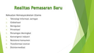 Kekuatan Kemasyarakatan Utama
1. Teknologi Informasi Jaringan
2. Globalisasi
3. Deregulasi
4. Privatisasi
5. Persaingan Meningkat
6. Konvergensi industri
7. Resistensi konsumen
8. Transformasi eceran
9. Disintermediasi
 