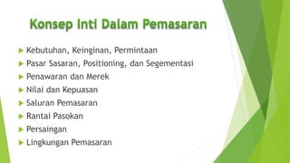  Kebutuhan, Keinginan, Permintaan
 Pasar Sasaran, Positioning, dan Segementasi
 Penawaran dan Merek
 Nilai dan Kepuasan
 Saluran Pemasaran
 Rantai Pasokan
 Persaingan
 Lingkungan Pemasaran
 