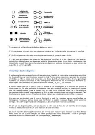 A montagem de um heredograma obedece a algumas regras:

1ª) Em cada casal, o homem deve ser colocado à esquerda, e a mulher à direita, sempre que for possível.

2ª) Os filhos devem ser colocados em ordem de nascimento, da esquerda para a direita.

3ª) Cada geração que se sucede é indicada por algarismos romanos (I, II, III, etc.). Dentro de cada geração,
os indivíduos são indicados por algarismos arábicos, da esquerda para a direita. Outra possibilidade é se
indicar todos os indivíduos de um heredograma por algarismos arábicos, começando-se pelo primeiro da
esquerda, da primeira geração.


Interpretação dos Heredogramas

A análise dos heredogramas pode permitir se determinar o padrão de herança de uma certa característica
(se é autossômica, se é dominante ou recessiva, etc.). Permite, ainda, descobrir o genótipo das pessoas
envolvidas, se não de todas, pelo menos de parte delas. Quando um dos membros de uma genealogia
manifesta um fenótipo dominante, e não conseguimos determinar se ele é homozigoto dominante ou
heterozigoto, habitualmente o seu genótipo é indicado como A_, B_ou C_, por exemplo.

A primeira informação que se procura obter, na análise de um heredograma, é se o caráter em questão é
condicionado por um gene dominante ou recessivo. Para isso, devemos procurar, no heredograma, casais
que são fenotipicamente iguais e tiveram um ou mais filhos diferentes deles. Se a característica
permaneceu oculta no casal, e se manifestou no filho, só pode ser determinada por um gene recessivo. Pais
fenotipicamente iguais, com um filho diferente deles, indicam que o caráter presente no filho é recessivo!

Uma vez que se descobriu qual é o gene dominante e qual é o recessivo, vamos agora localizar os
homozigotos recessivos, porque todos eles manifestam o caráter recessivo. Depois disso, podemos
começar a descobrir os genótipos das outras pessoas. Devemos nos lembrar de duas coisas:

1ª) Em um par de genes alelos, um veio do pai e o outro veio da mãe. Se um indivíduo é homozigoto
recessivo, ele deve ter recebido um gene recessivo de cada ancestral.

2ª) Se um indivíduo é homozigoto recessivo, ele envia o gene recessivo para todos os seus filhos. Dessa
forma, como em um “quebra-cabeças”, os outros genótipos vão sendo descobertos. Todos os genótipos
devem ser indicados, mesmo que na sua forma parcial (A_, por exemplo).
 