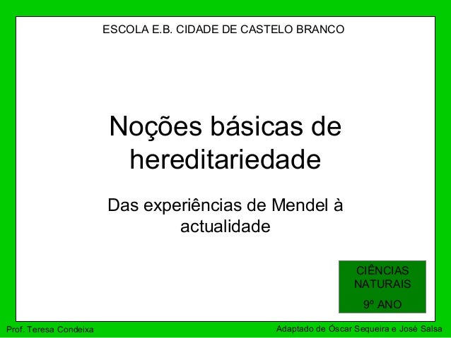 Noções básicas de
hereditariedade
Das experiências de Mendel à
actualidade
ESCOLA E.B. CIDADE DE CASTELO BRANCO
CIÊNCIAS
N...