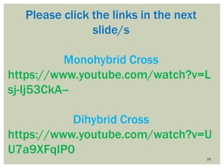 29
Please click the links in the next
slide/s
Monohybrid Cross
https://www.youtube.com/watch?v=L
sj-Ij53CkA--
Dihybrid Cross
https://www.youtube.com/watch?v=U
U7a9XFqIP0
 