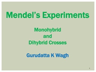 1
Mendel’s Experiments
Monohybrid
and
Dihybrid Crosses
Gurudatta K Wagh
 