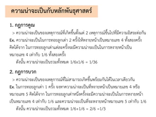 ความน่าจะเป็นกับหลักพันธุศาสตร์
1. กฎการคูณ
> ความน่าจะเป็นของเหตุการณ์ที่เกิดขึ้นตั้งแต่ 2 เหตุการณ์ขึ้นไปที่มีความอิสระต่อกัน
Ex. ความน่าจะเป็นในการทอยลูกเต่า 2 ครั้งให้หงายหน้าเป็นหมายเลข 4 ทั้งสองครั้ง
คิดได้จาก ในการทอยลูกเต่าแต่ละครั้งจะมีความน่าจะเป็นในการหงายหน้าเป็น
หมายเลข 4 เท่ากับ 1/6 ทั้งสองครั้ง
ดังนั้น ความน่าจะเป็นรวมทั้งหมด 1/6x1/6 = 1/36
2. กฎการบวก
> ความน่าจะเป็นของเหตุการณ์ที่ไม่สามารถเกิดขึ้นพร้อมกันได้ในเวลาเดียวกัน
Ex. ในการทอยลูกเต่า 1 ครั้ง จงหาความน่าจะเป็นที่หงายหน้าเป็นหมายเลข 4 หรือ
หมายเลข 5 คิดได้จาก ในการทอยลูกเต่าหนึ่งครั้งจะมีความน่าจะเป็นในการหงายหน้า
เป็นหมายเลข 4 เท่ากับ 1/6 และความน่าจะเป็นที่จะหงายหน้าหมายเลข 5 เท่ากับ 1/6
ดังนั้น ความน่าจะเป็นรวมทั้งหมด 1/6+1/6 = 2/6 =1/3
 