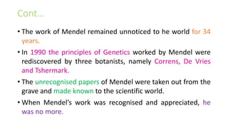 Cont…
• The work of Mendel remained unnoticed to he world for 34
years.
• In 1990 the principles of Genetics worked by Mendel were
rediscovered by three botanists, namely Correns, De Vries
and Tshermark.
• The unrecognised papers of Mendel were taken out from the
grave and made known to the scientific world.
• When Mendel’s work was recognised and appreciated, he
was no more.
 