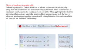 7
Merits of Mendeleev’s periodic table
Science is progressive. There is a freedom in science to revise the old inference by
using more advanced means and methods of doing experiments. These characteristics of
science are clearly seen in the Mendeleev’s periodic table. While applying the law that the
properties of elements are a periodic function of their atomic masses, to all the known
elements, Mendeleev arranged the elements with a thought that the information available
till then was not final but it could change.
 