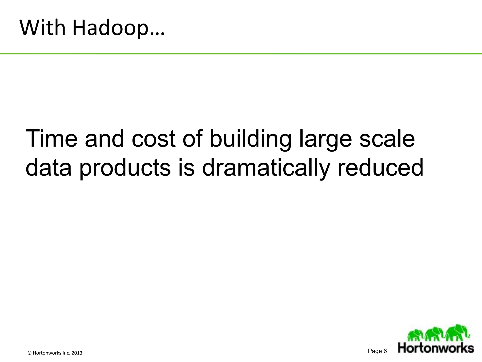 © Hortonworks Inc. 2013 Page 6
With Hadoop…
Time and cost of building large scale
data products is dramatically reduced
 