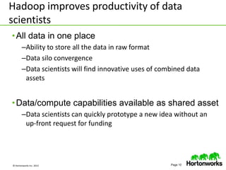 © Hortonworks Inc. 2013 Page 10
Hadoop improves productivity of data
scientists
•All data in one place
–Ability to store all the data in raw format
–Data silo convergence
–Data scientists will find innovative uses of combined data
assets
•Data/compute capabilities available as shared asset
–Data scientists can quickly prototype a new idea without an
up-front request for funding
 