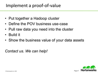 © Hortonworks Inc. 2013 Page 27
• Put together a Hadoop cluster
• Define the POV business use-case
• Pull raw data you need into the cluster
• Build it
• Show the business value of your data assets
Contact us. We can help!
Implement a proof-of-value
 