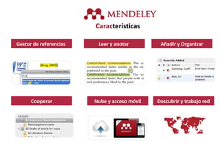 Funciones
Orientación hacia el descubrimiento de la información,
colaboración científica. visibilidad y a la gestión de la
identidad digital
 