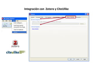Integración con
C:UsersJulioAppDataRoamingZoteroZot
eroProfiles6r0ym2y6.defaultzoterozotero
.sqlite
Ir a Tools
(Herramient...
