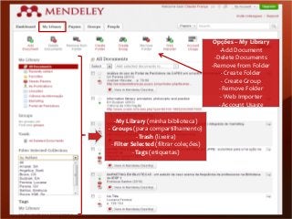 Opções – My Library
-Add Document
-Delete Documents
-Remove from Folder
- Create Folder
- Create Group
- Remove Folder
- Web Importer
- Account Usage
-My Library (minha biblioteca)
- Groups (para compartilhamento)
- Trash (lixeira)
- Filter Selected (filtrar coleções)
- Tags (etiquetas)

 