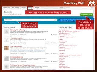 Mendeley Web
Busca grupos de discussão e pesquisa

Busca grupos
já existentes

Possibilita a
criação de
novos grupos

 