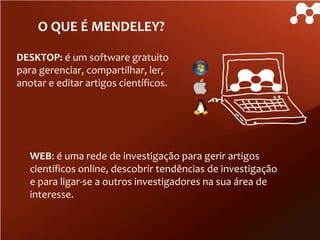 O QUE É MENDELEY?
DESKTOP: é um software gratuito
para gerenciar, compartilhar, ler,
anotar e editar artigos científicos.

WEB: é uma rede de investigação para gerir artigos
científicos online, descobrir tendências de investigação
e para ligar-se a outros investigadores na sua área de
interesse.

 