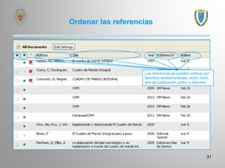 Ordenar las referencias
31
Las referencias se pueden ordenar por
favoritos, leídas/no leídas, autor, título,
año de publicación, editor y adjuntos.
 