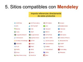 5. Sitios compatibles con Mendeley
Importa referencias directamente
de estos productos
 
