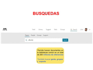 Permite buscar documentos en
la bibliotecas común en un total
de 200 millones de referencias
También buscar gente, grupos
y soporte
BUSQUEDAS
 