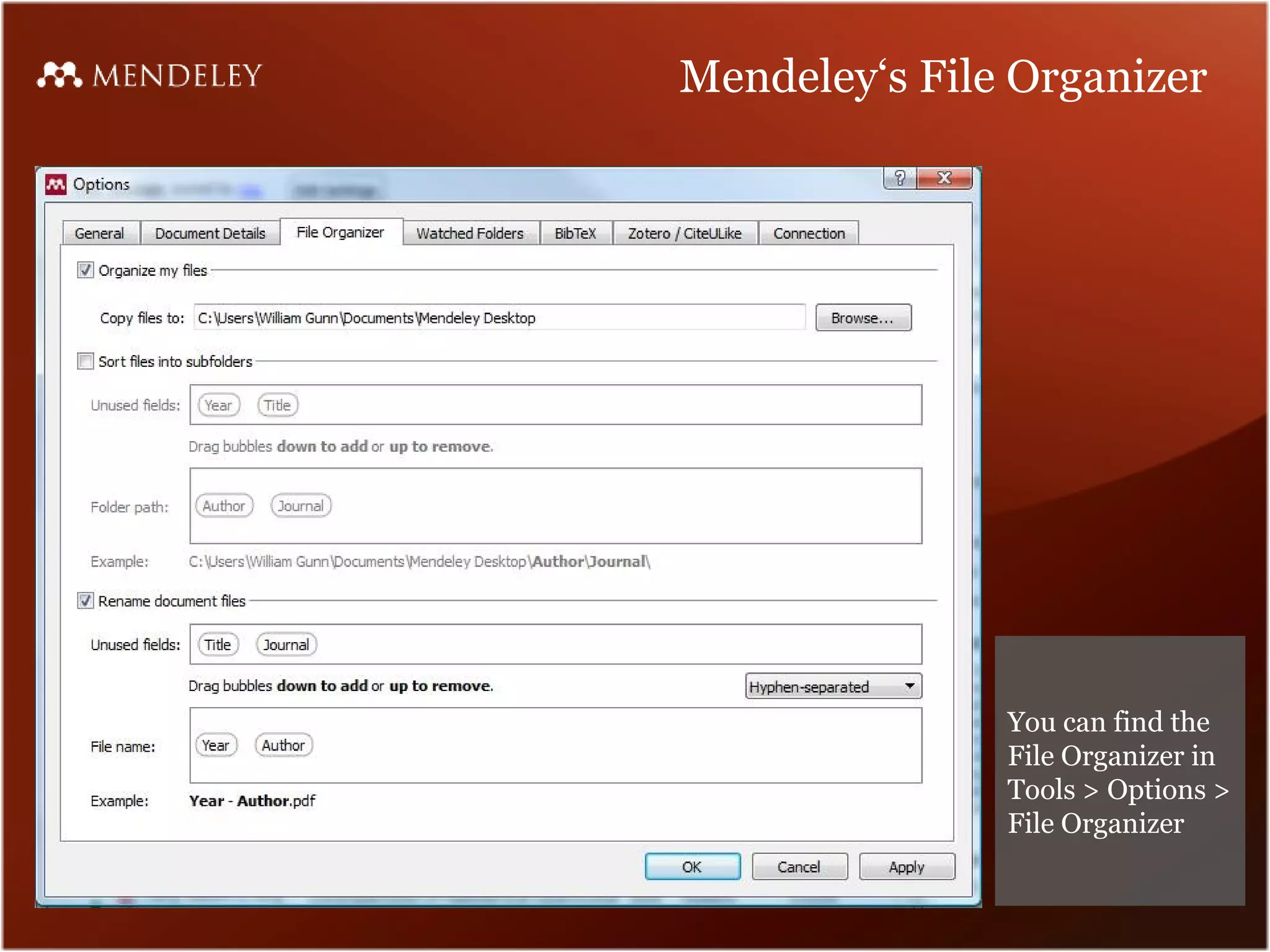 Mendeley‘s File Organizer




               You can find the
               File Organizer in
               Tools > Options >
               File Organizer
 