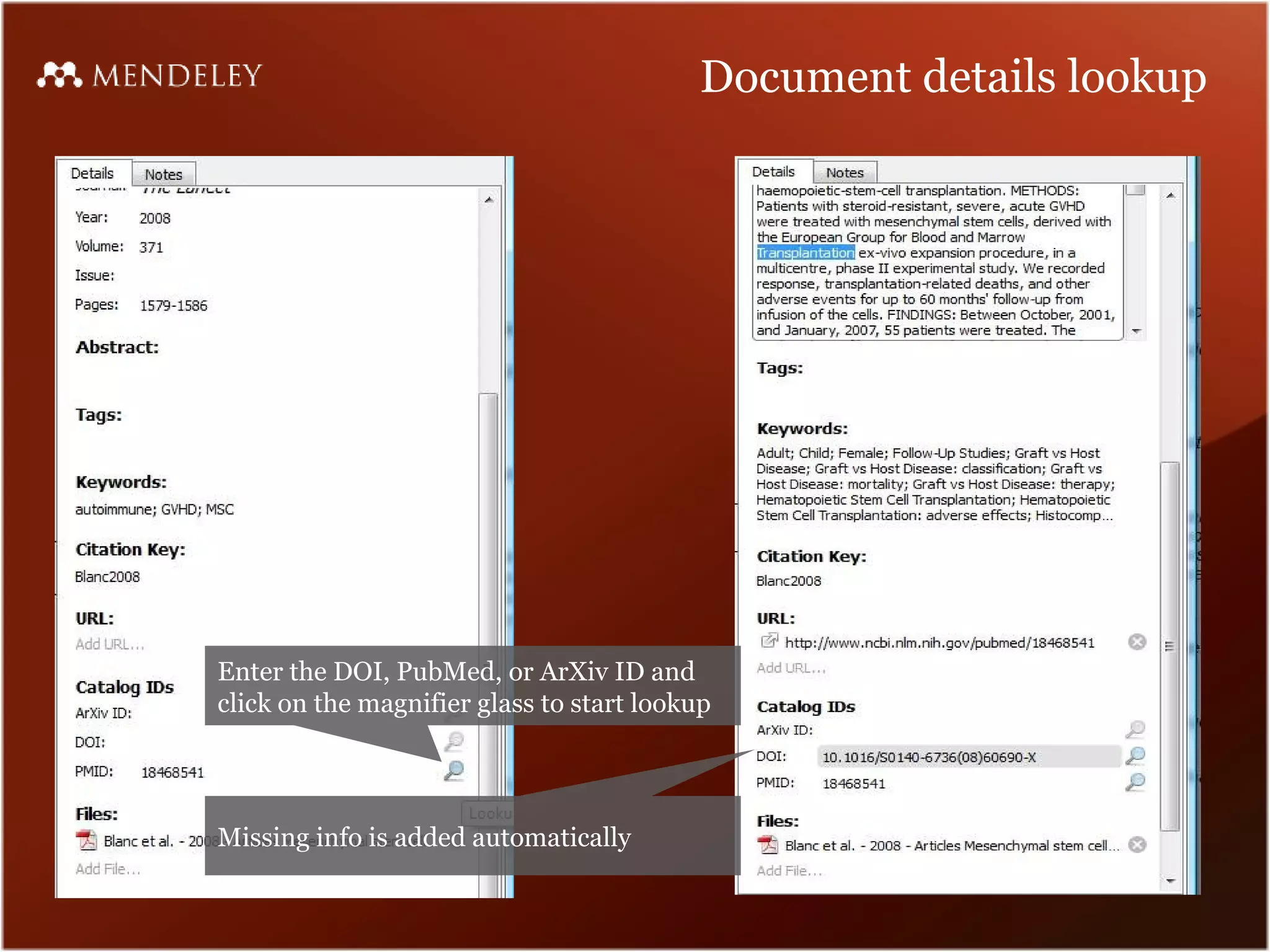 Document details lookup




Enter the DOI, PubMed, or ArXiv ID and
click on the magnifier glass to start lookup




Missing info is added automatically
 